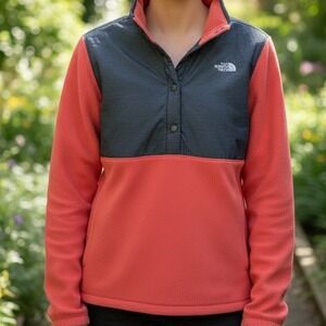 The North Face TKA Glacier Snap Neck Fleece Pullover Coral Pink Gray Womens XL